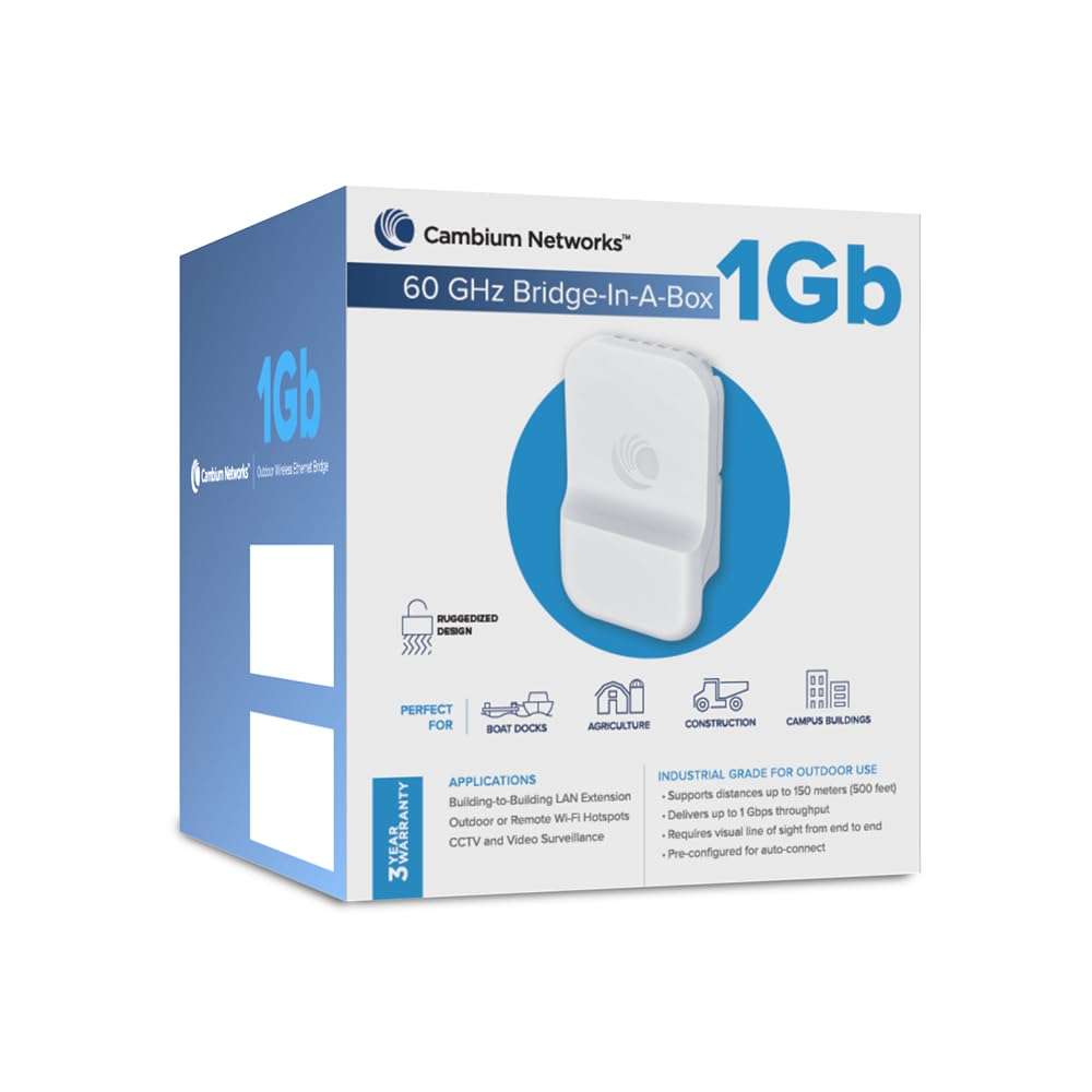 Cambium Networks 60 GHz Bridge in a Box 2 Gb- Extended Connectivity Up to 0.3 Miles (500 Meters)- 3.6 Gbps Throughput- LAN Extension- Backhaul for Outdoor/Remote Wi-Fi Hotspots-(US cord)- C600510C020A 1