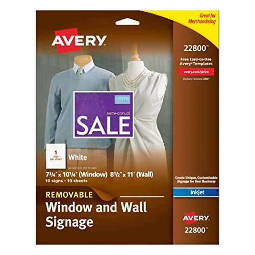 Avery Removable Window and Wall Signage, InkJet, 8.5 x 11-Inches, White, Pack of 10 (22800) 1