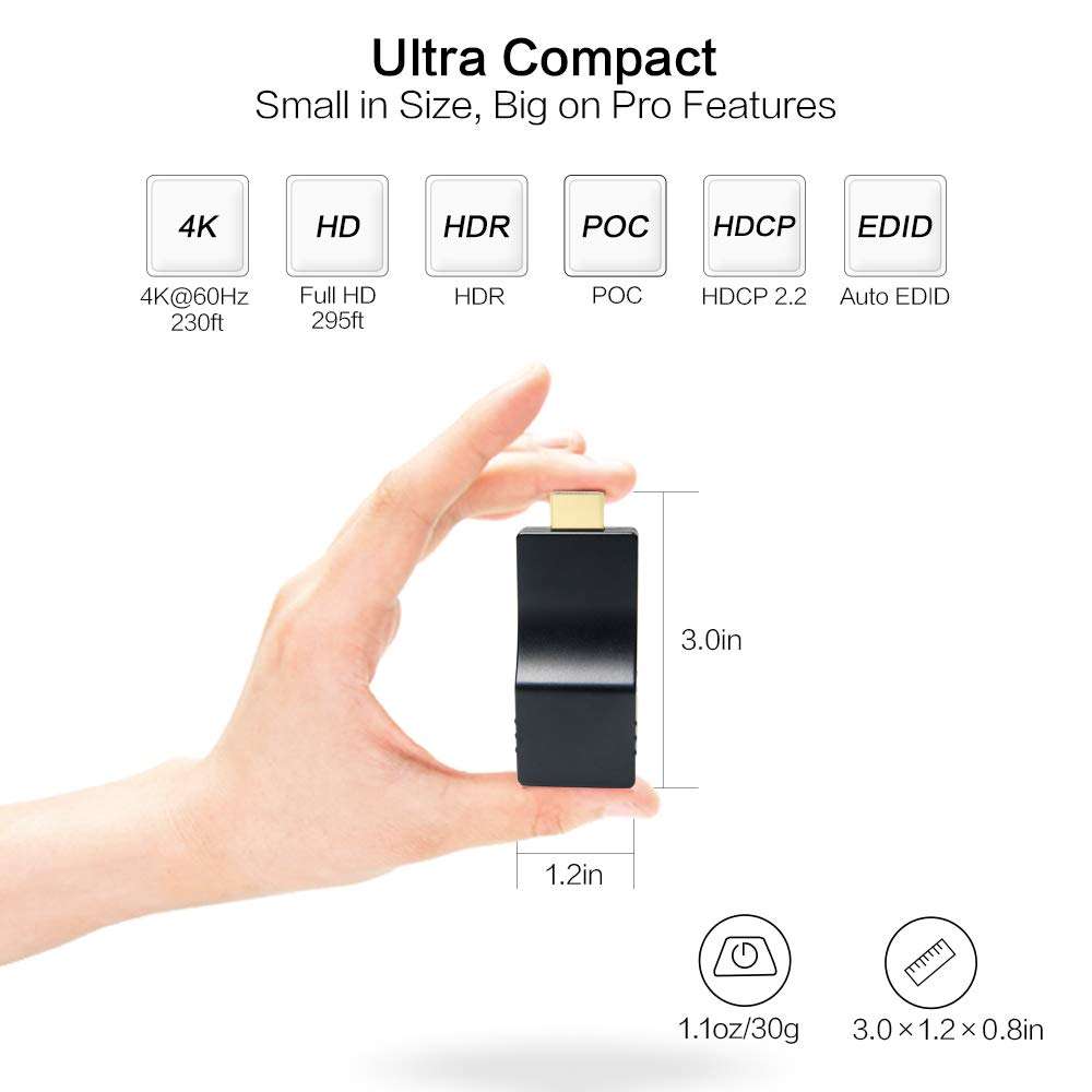 DDMALL Mini 4K HDMI Extender HE-30 with CAT8 Ethernet Cable 10ft Black 4