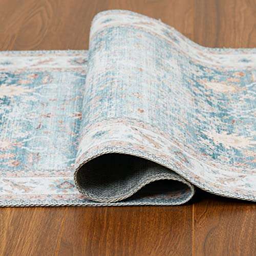 RUGSREAL Washable Rug 4x6 Vintage Print Distressed Carpet Foldable Indoor Floor Cover Non Slip Non-Shedding Throw Rug Lightweight Thin Rug for Bedroom Living Room, 4'x6', Blue 5