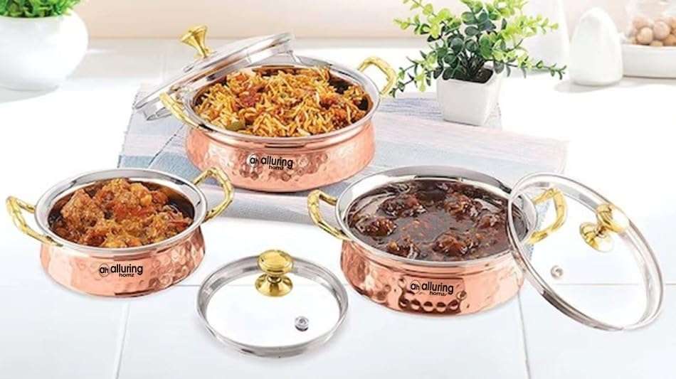 Alluring Homz Combo Hammered Steel Copper Casserole Handi Bowl with Glass Lid,Tableware and Serveware Serving Dishes Copper, Handi (300 ml +500 ml + 800 ml) Pack of 3 3