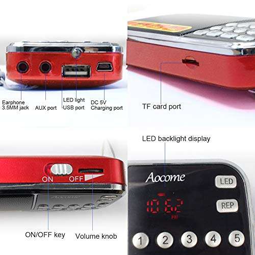 AM FM Radio Portable, Mini Digital Radio Speaker Music Player with Best Reception, Automatic/Manual Search, Radio with Micro SD/TF Card Slot, USB Rechargeable Battery, by Aocome (Red) 5