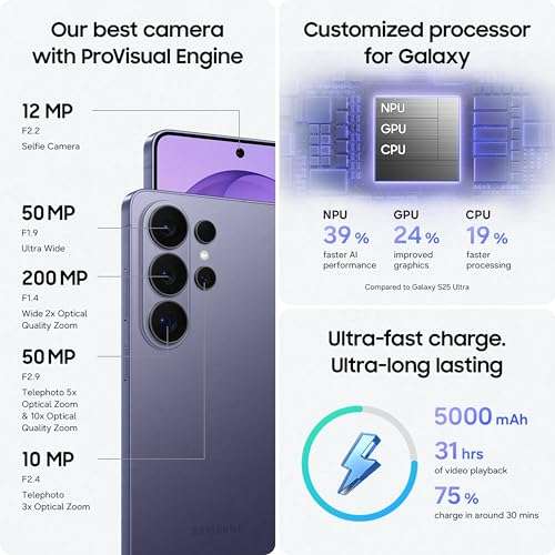 Samsung Galaxy S26 Ultra 5G (Cobalt Violet, 12GB RAM, 256GB Storage) with Built-in Privacy Display, AI Phone, Photo Assist, Creative Studio, 200MP Camera, 5000mAh Battery and Snapdragon 8 Elite Gen 5 5