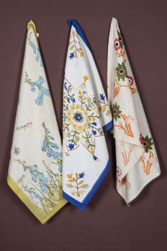 CONTRAST LIVING Reshama Hand Block Printed Kitchen Towel/Dish Towel/Hand Towel Multi Color Set of 3 Pcs 1