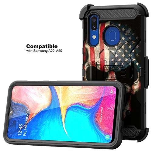 TurtleArmor | Compatible with Samsung Galaxy A20 Case | A30 Case [Armor Pro] Full Body Protection Armor Hybrid Kickstand Rugged Holster Belt Clip Case - US Flag Skull 3