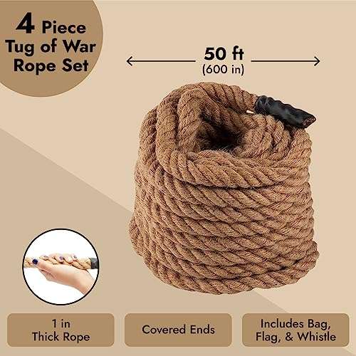 BLUE PANDA Field Day Tug of War Rope - 50 ft Brown Jute - Team Building Activity & Summer Camp Outdoor Rope with Flag & Whistle for Relay Race, Sack Race & Obstacle Course for Adults 4