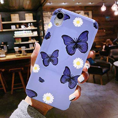 HUIYCUU Compatible with iPhone XR Case 6.1", Soft Slim Fit Girl Women Glitter Purple Tropical Flowers Clear Animal Design Pattern Shockproof Full Body Bumper Case for iPhone XR, Floral Butterfly 3