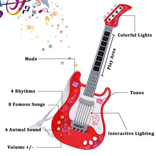 M SANMERSEN Toy Guitar for Kids, Kids Guitar Toys with Strap/Vibrant Sounds/Colorful Lights Musical Instruments Toy for Girls No String (Red) 4