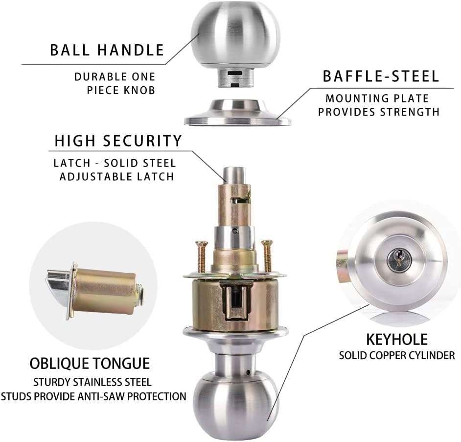 Door Knob with Lock Bedroom - Keyed Entry Door Knob Lock Interior and Exterior Bathroom,Stainless Steel Privacy Locking Door Knob Round Ball Door Lock Brushed Nickel(Silver) 2