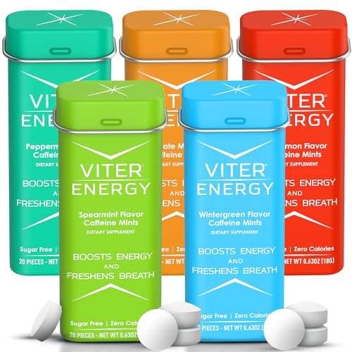 Viter Energy 40mg Caffeine Mints - Sugar Free, B Vitamins, Vegan, Boosts Fast Energized Alert Focus, Caffeinated Nootropic Supplement Pills (Variety Flavors, 20pcs, 5 Pack, 100pcs Total)