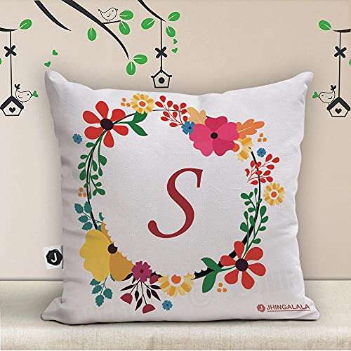 Jhingalala Gift for Friends | Name First Letter S Alphabet S Printed Cushion Cover with Filler and Greeting Card | Gift for Friends, Best Friend on Birthday, Friendship Day 2