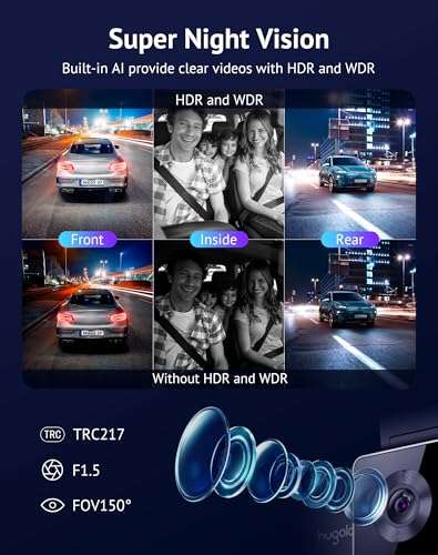 Hugolog 3 Channel Dash Cam 4K+1080P+1080P HD Triple Dashcam with 5G WiFi, 3" IPS Touch Screen, Front and Rear Inside Loop Recording Car Camera, Built-in GPS, IR Night Vision, WDR, Parking Mode 3