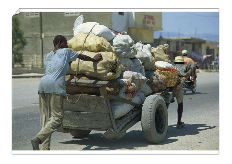 robertharding A1 Poster of Men Pushing and Pulling Heavily Loaded cart Along Road (1208572) 1