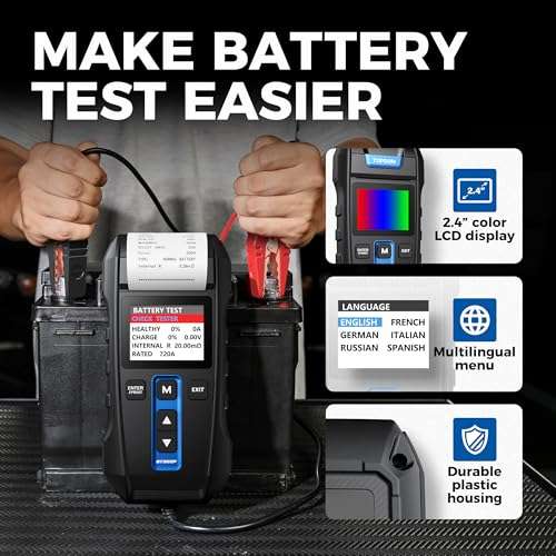 Car Battery Tester 12V 24V 100-2000CCA Lead-Acid Battery, TOPDON BT300P Alternator Tester, Load Tester, with Built-in Printer, Spark Free Metal Clamps, Automatic Reverse Polarity Protection 4