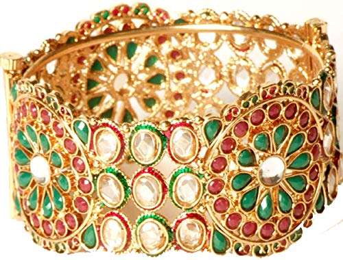 Exotic India Tri-Color Floral Polki Bangle with Cut - Copper Alloy for Women (Gold)