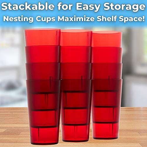 Restaurant Grade, BPA-Free 12oz Red Plastic Cups 12pk. Super Durable, Break Resistant Drinking Glasses for Cafe, Party, Catering. Reusable, Stackable Tumblers with Textured Grip Design 4