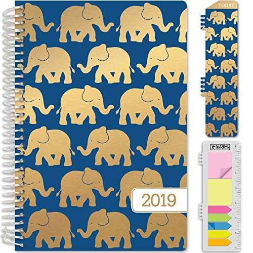 HARDCOVER Calendar Year 2019 Planner: (November 2018 Through December 2019) 5.5"x8" Daily Weekly Monthly Planner Yearly Agenda. Bonus Bookmark, Pocket Folder and Sticky Note Set (Blue Elephants) 1