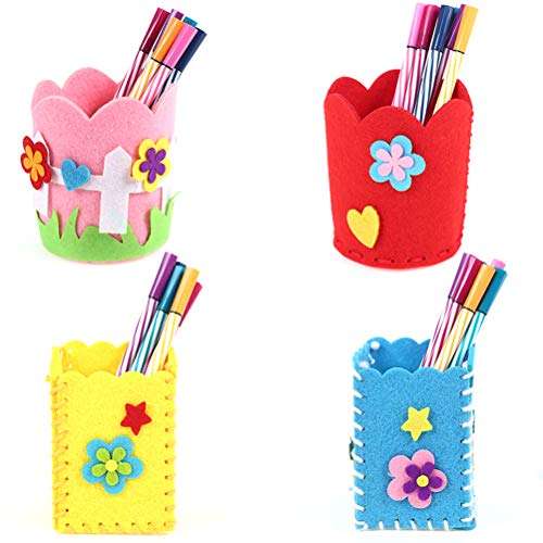 4 PCS Hand Stitch Sewing Kit for Kids DIY Felt Pens Holder Pencil Container Stationery Organizer with Safety Needle Thread for Beginner Children Kids (Random Pattern) 1