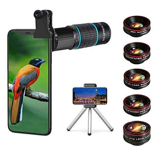 Phone Camera Lens Kit 10 in 1 for iPhone Samsung Pixel Android, 22X Telephoto Lens, 0.62X Super Wide Angle Lens&25X Macro Lens, 235° Fisheye,Kaleidoscopes, Starlight，Tripod，for Most Smartphone Black