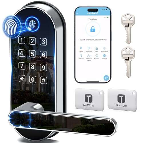 Keyless Entry Fingerprint Smart Lock with Handle & Keypad: Electronic/Electric Digital Lock with Code/Passcode, Biometric Deadbolt Door Knob for Front Door, Bedroom, Interior or Exterior Use (Silver) 1