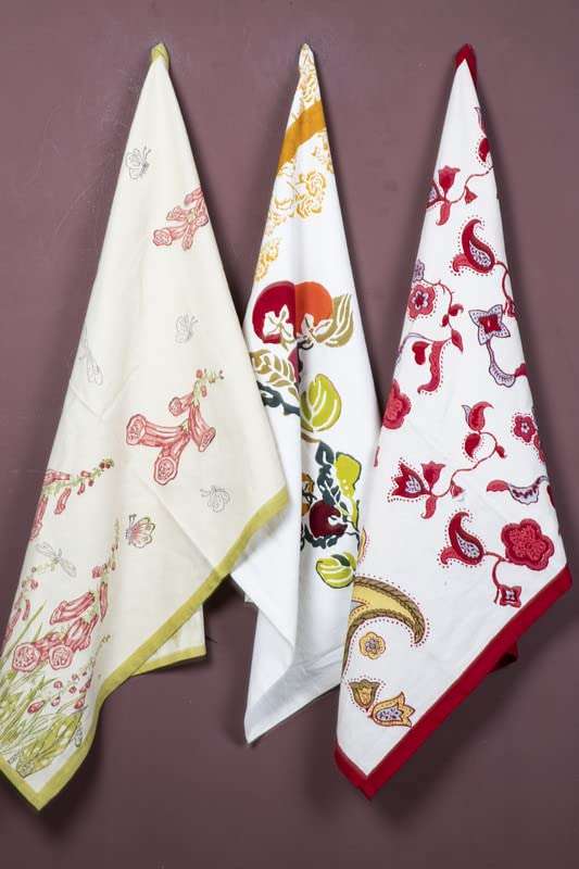 CONTRAST LIVING Chetan Hand Block Printed Kitchen Towel/Dish Towel/Hand Towel Multi Color Set of 3 Pcs 1