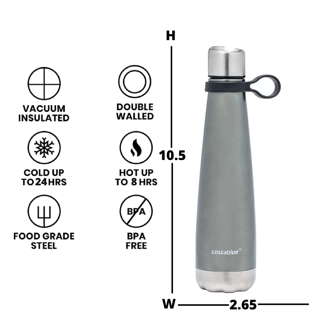 Costablue Insulated Water Bottle - On-The-Go Refillable Stainless Steel Water Bottles For Adults, Reusable Thermos Travel Tumbler With Leak-proof Lid For Hot & Cold Beverages (17 Oz. Silver Shadow) 4