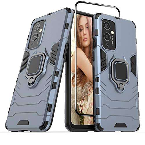 Starhemei for OnePlus 9 Case with Tempered Glass Screen Protector, 360°Rotating Car Magnetic Ring Kickstand Cover Case, Shock-Absorbing Phone Case for OnePlus 9 (BlueGray) 1