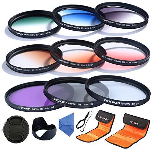 K&F Concept 62mm UV CPL FLD Graduated Filter Lens Accessory 9pcs Filter Kit UV Protector Circular Polarizing Filter + Microfiber Lens Cleaning Cloth + Petal Lens Hood + Filter Bag Pouch 1