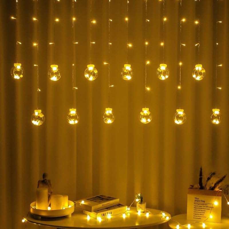 One94Store 12 Wish Ball Curtain LED String Lights – Pack of 1, 3 Meter Warm White Curtain Light with 108 LEDs & 8 Flash Modes for Window, Room, Diwali & Festival Decoration 3