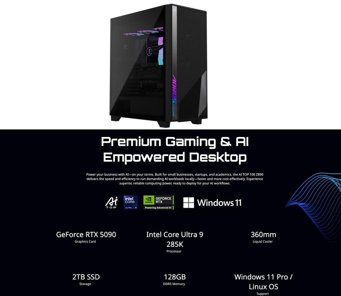 GIGABYTE AI TOP 100 AI PC Workstation (Intel Ultra 9-285K, GeForce RTX 5090 32GB, 128GB DDR5, 2x8TB PCIe SSD (16TB), 2 Thunderbolt 5, Win 11 Pro) w/MS 365 Personal, DKZ USB Port Expander 5