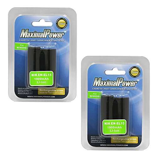 MaximalPower DB NIK EN-EL15 x2 Nikon ENEL15 D7000 D600 D800 D800E V1 Replacement Battery (Black)
