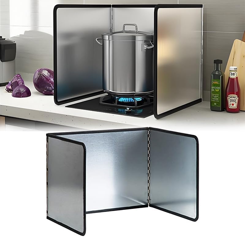 Valajogi Foldable 3 Sided Stainless Steel Splatter Guard Grease Shield Nonstick Oil Splash Cooking Screen Kitchen Backsplash Protector Top Wall Gas Range Frying Pan Camping for Anti-Splash Grease-Oil