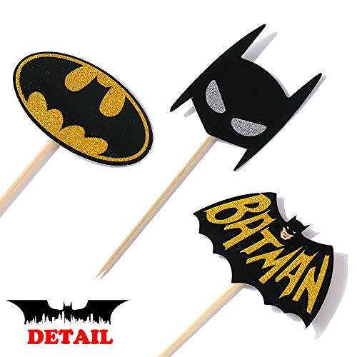 Batman Birthday Supplies Cupcake Toppers Batman Theme Party Glitter Decorations for Kids Birthday Super Hero Theme Party Baby Shower Favor Supplies Set of 24 Double-sided Printing 3