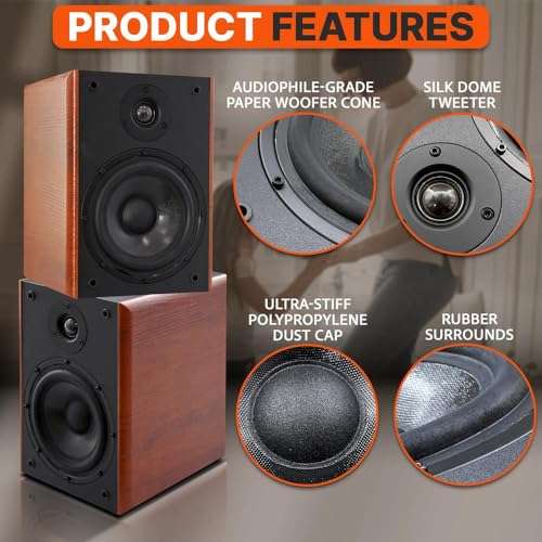 Pyle 6.5" Home Audio Speakers, Passive Bookshelf, 240W Max Power, 1" Silk Dome Tweeter and Aluminum Voice Coils, Gold Plated 5 Way Binding Post, Rubber Surrounds, Beautiful Wood Grain Finish - Pair 3