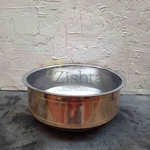 Zishta Traditional Wisdom in Practice Handmade Brass Cooking Pot Sarva - Extra Large, Pital Cookware, Utensil with Tin Coating | Kadai (Dia: 28cm, Cap: 4.75-5.0L, H: 12cm, 1.1 Kg)
