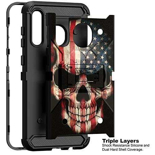 TurtleArmor | Compatible with Samsung Galaxy A20 Case | A30 Case [Armor Pro] Full Body Protection Armor Hybrid Kickstand Rugged Holster Belt Clip Case - US Flag Skull 5