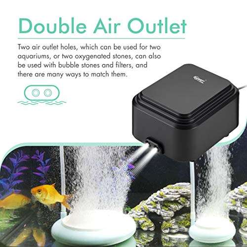 hygger Quietest Aquarium Air Pump, Adjustable Oxygen Pump 2 Air Outlets Ultra Silent Powerful Aerator Pump Up to 600Gallon Fish Tank 255GPH 10W 4