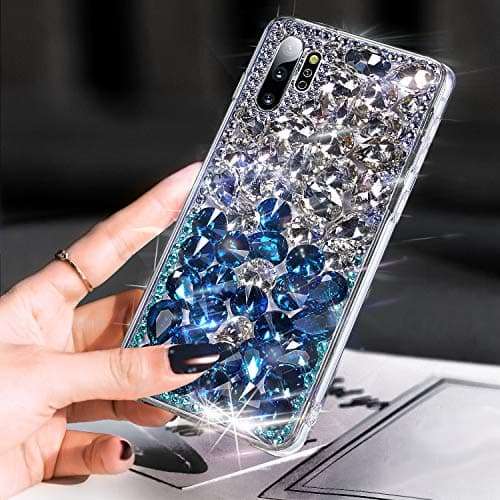 Case for Galaxy Note 10 Plus,Galaxy Note 10 Plus Diamond Case,3D Handmade Bling Rhinestone Diamonds Sparkle Case Girls Women Full Crystals Bling Diamond Case Cover for Galaxy Note 10 Plus,Blue+Clear