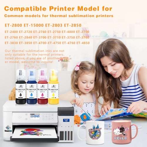 Sublimation Ink for Epson ET-2720 ET-2800 ET-2803 ET-4800 ET-2760 ET-2850 ET-4760 ET-4800 ET-3760 Sublimation Ink 522 Refilled Bottles Inkjet Printers for Heat Transfer Mug T Shirts (4x100ML) 2