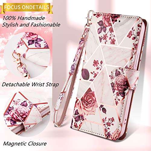 EYZUTAK Case for Samsung Galaxy A21S, Premium PU Leather Golden Embossed Geometric Marble Pattern Wallet Case with Detachable Wrist Strap, Magnetic Closure Card Slots Flip Case - Purple Flower 5