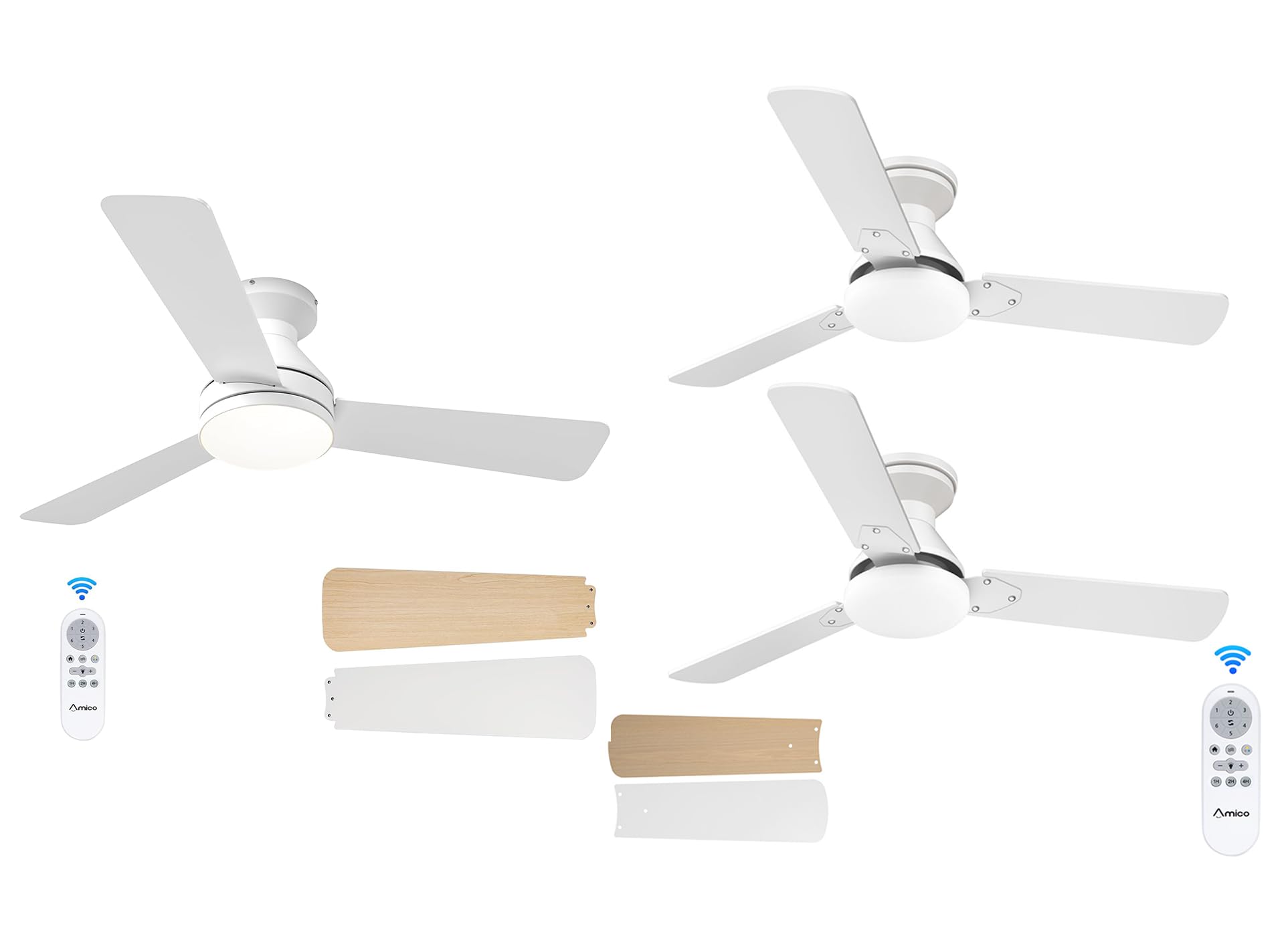Amico 3 Pack Ceiling Fans with Lights, 42 inch Low Profile Ceiling Fan with Light and Remote Control, Flush Mount, Reversible, 3CCT, Dimmable, Noiseless, White Ceiling Fan for Bedroom, Indoor 1