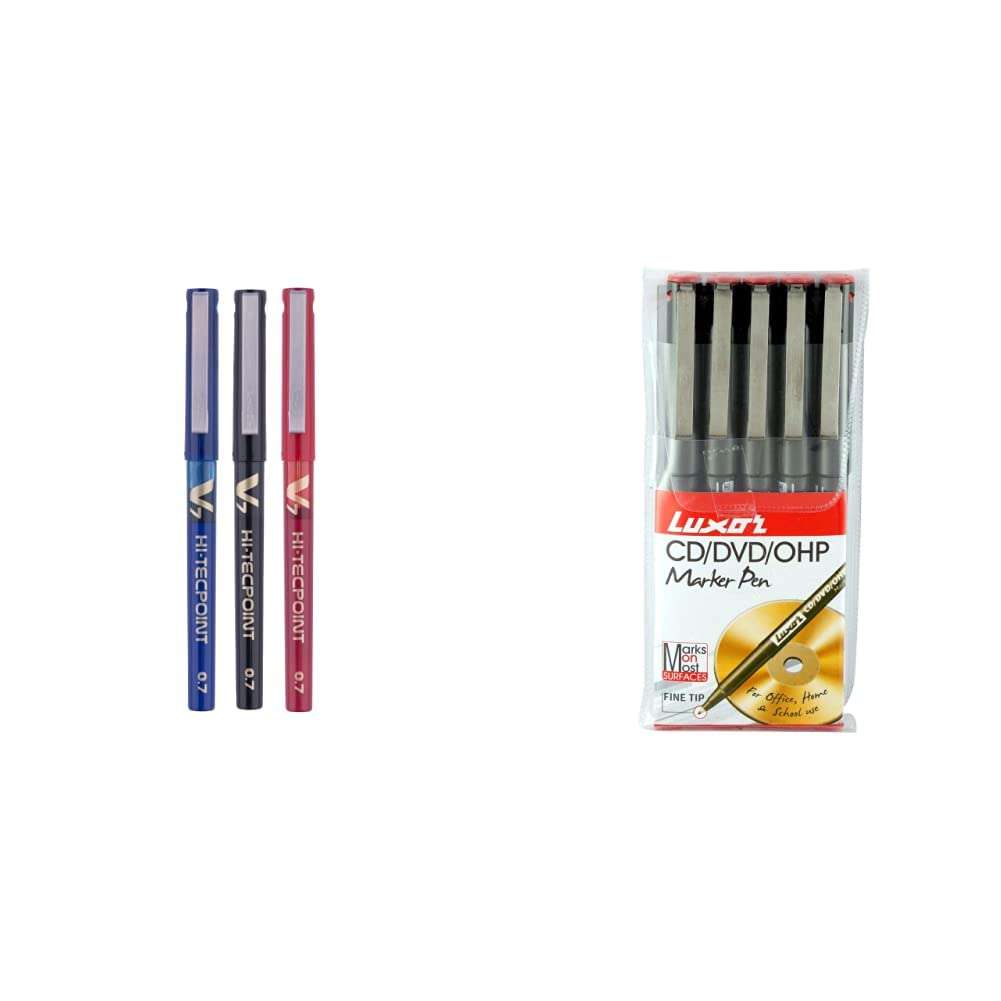 Pilot V7 Liquid Ink Roller Ball Pen (1 Blue + 1 Black + 1 Red),multicoloured,9000014717 & Luxor 969 OHP Fine Point Permanent Marker - Red - Set of 5 1