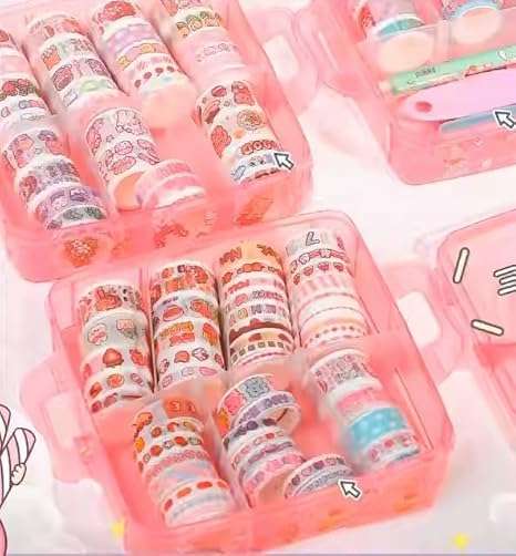 BLUEJELI Washi Tape Set for Designer Decorative Tapes, Washi Tape Gift Packing Tape Masking Tapes with 20 Pcs Kawaii Stickers, Tweezer, Pen and Spatula in Layer Box, Tapes for Art and Craft (PINK) 6