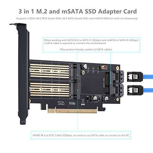 3 in 1 M.2 and mSATA SSD Adapter Card for NVME to PCIE, SATA III, and mSATA (with 2 Aluminum Heatsink) 4