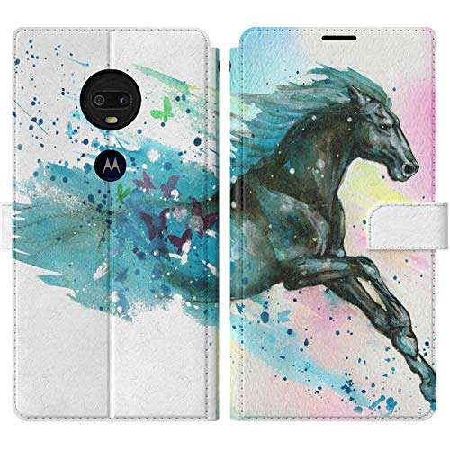 Mertak Wallet Case Compatible with Motorola Moto G8 Play Plus Power G7 One Folio Slim Fit Art Horse Running Stallion Flip Painting Watercolor Animal Lightweight Cover Card Holder Magnetic 2