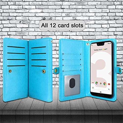 Harryshell Google Pixel 3 XL Case, Detachable Magnetic 12 Card Slots Wallet Case Shockproof PU Leather Flip Protective Cover Wrist Strap for Google Pixel 3XL (Flower - Blue) 4