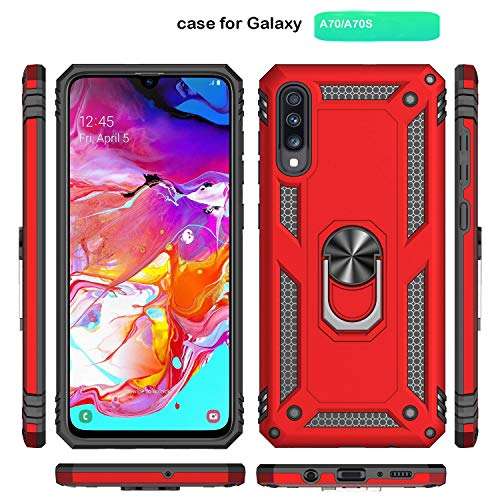 Fetrim Case for Galaxy A70, Dual Layer Shockproof Protection Phone Case with Rotation Ring Stand for Samsung Galaxy A70/A70S Red 4