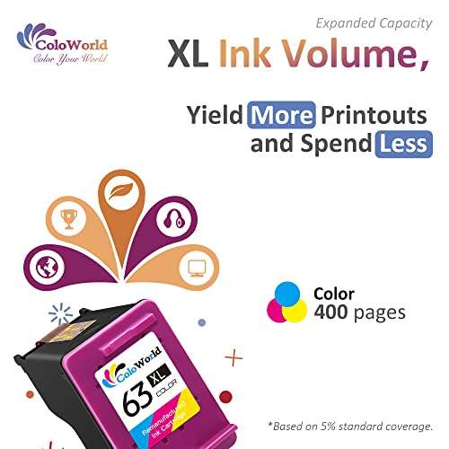 ColoWorld Remanufactured Ink Cartridge Replacement for HP 63XL 63 XL Work with Envy 4520 3634 OfficeJet 3830 3831 5252 4650 5258 5255 DeskJet 3636 3630 1112 1110 3637 3639 Printer (1 Color) 3