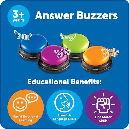 Learning Resources Answer Buzzers - Set of 4, Ages 3+, Assorted Colored Buzzers, Game Show Buzzers, Perfect for Family Game and Trivia Nights, for Kids 6