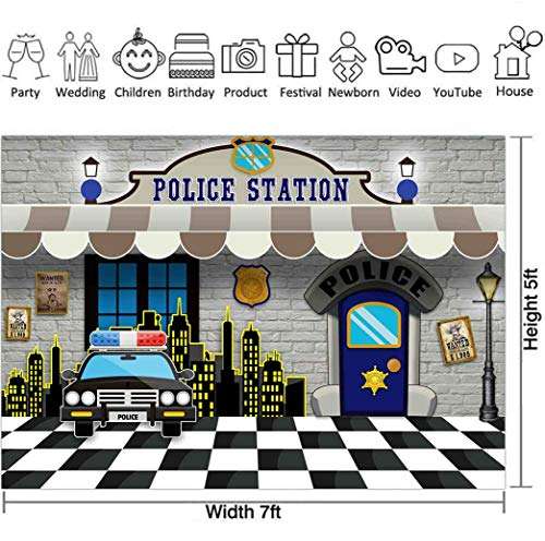 Police Station Backdrop for Party, Police Car City Night Guard Photo Background, Black and White Grid Floor Backdrop, 7x5ft, Police Themed Party Decoration Props, Cake Table Banner LSGE1796 2